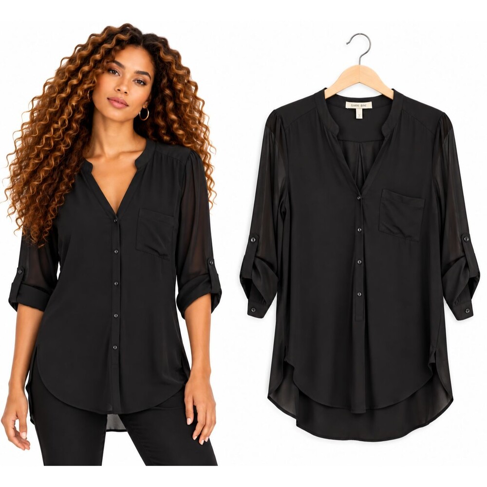 New GB Gianni Bini Longline Blouse Tunic Size Medium Black Button Front High Low